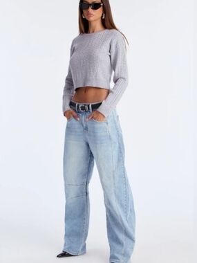 Cotton Cable knit Cropped Light Grey Longsleeve Sweater Large